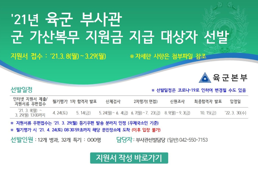 [예비군연대] 2021년 군 가산복무지원금 지급대상자(부사관) 모집 공고 이미지